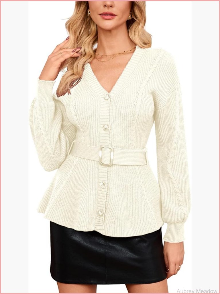 Belted Cable Knit Cardigan Long Sleeve V-Neck Button Down Peplum Sweater